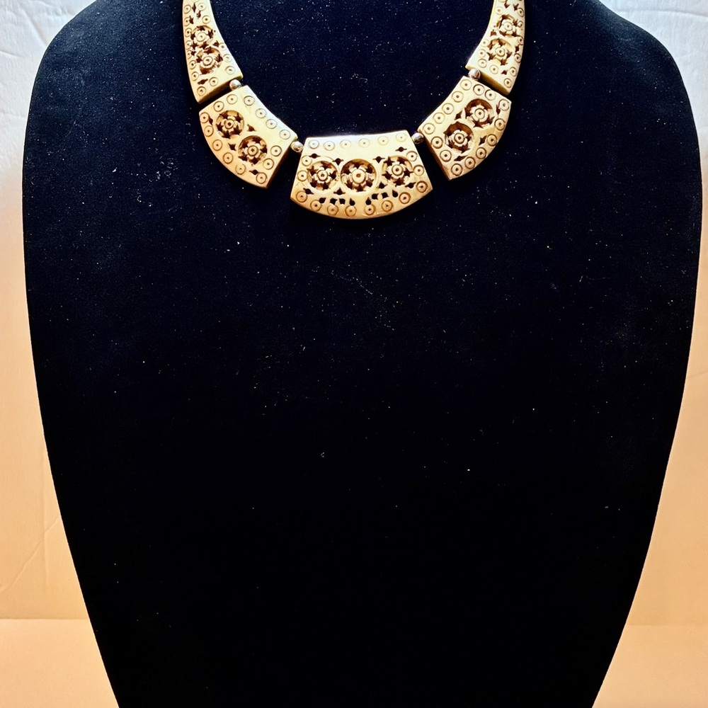 Vintage, Boho Carved Bovine Bone Necklace 16” Inches Statement Piece